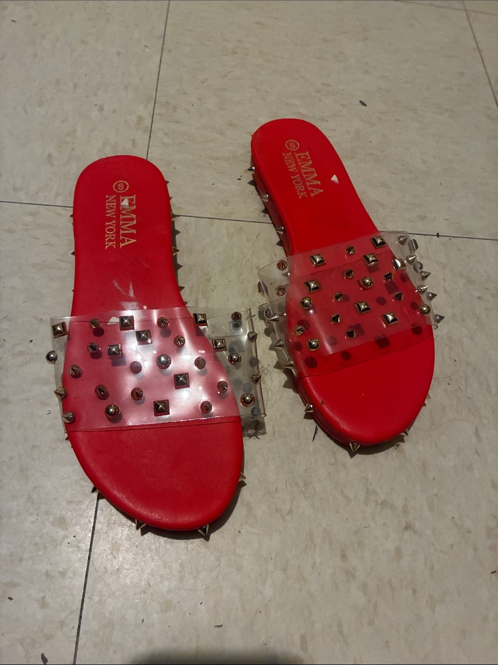 Emma New York Red Studded Slide Sandals